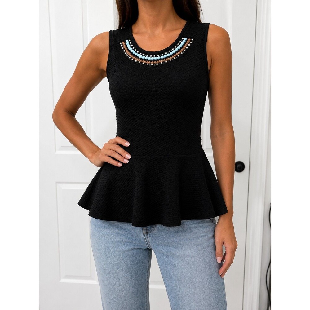 Women’s Black Knit Sleeveless Peplum Top Blouse Beaded Round Neck Pullover M